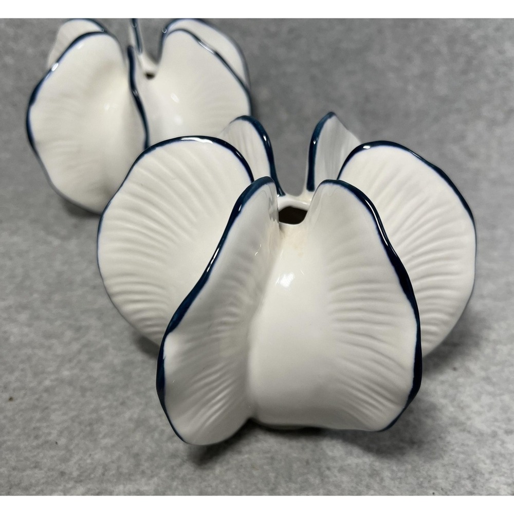 Carambola Shape Star Fruit Bud Vases White Blue Rim Edge Set of 2 Coastal 4 inch